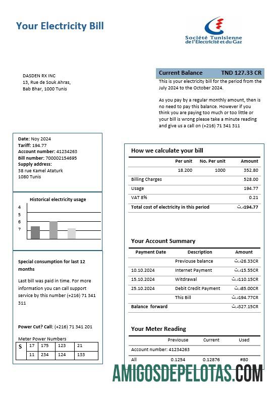 Para baixar modelo de comprovante de endereço de eletricidade da Tunísia para fatura de serviços públicos em formatos Word e PDF